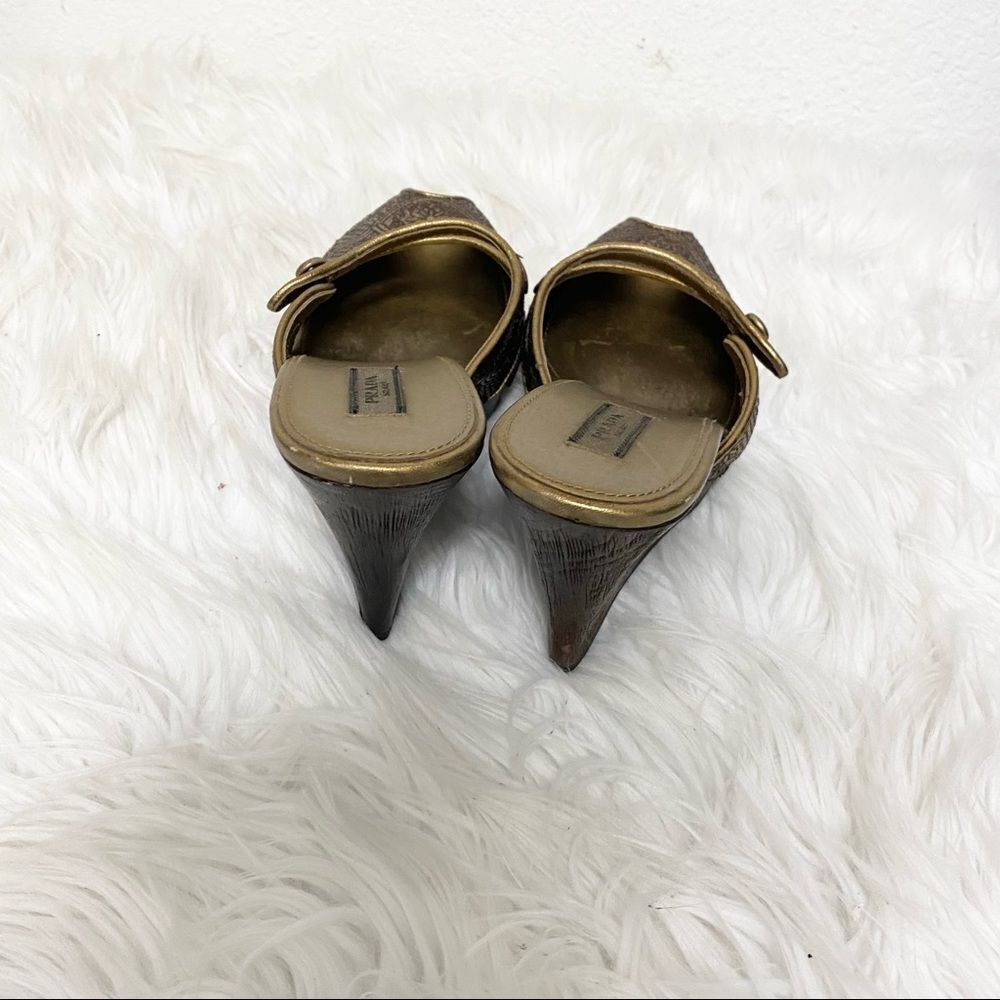 Prada vintage embossed leather bronze peep toe wedges sandals EUR 37.5 US 7 - Picture 5 of 9